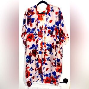 Beautiful pink flowered kimono with orange, red, blue, purple flowers